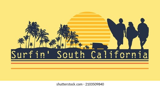 Vector illustration of surfers silhouette at sunset in tropical landscape.