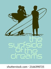 Vector illustration of surfers silhouette with text.