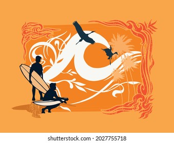 Vector illustration of surfers silhouettes with birds, palm trees and waves in graphic style.