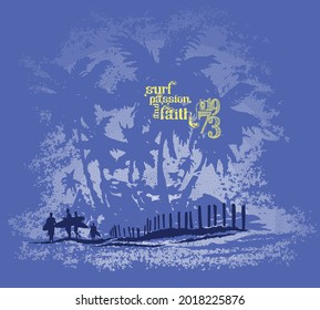 Vector illustration of surfers silhouettes on a background with stylized palm trees.