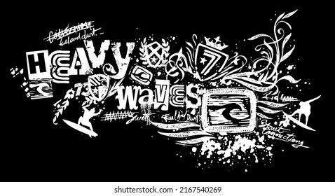 Vector illustration of surfers silhouettes and surfing related graphic elements.
