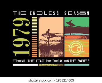 Vector illustration of surfers silhouettes, text and elements related to surfing. Art for prints on t-shirts, posters, etc...