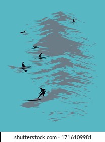 Vector illustration of surfers waiting for the perfect wave.