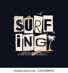 Vector illustration surfing in aloha. Vintage design. Grunge background. Sport typography, t-shirt graphics, print, poster, banner, flyer, postcard