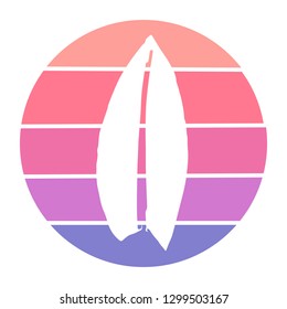 Vector Illustration of Surfing Board with Circle Sunset of Red, Pink, and Violet Color