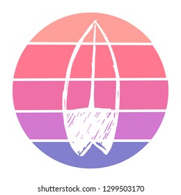 Vector Illustration of Surfing Board with Circle Sunset of Red, Pink, and Violet Color