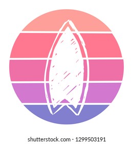 Vector Illustration of Surfing Board with Circle Sunset of Red, Pink, and Violet Color