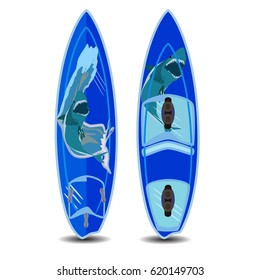 Vector illustration of surfing board isolated on white background. Two sides of surfboard in flat style.