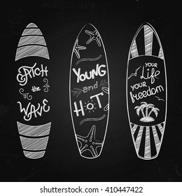 Vector illustration of surfing boards with lettering on the chalkboard. Vintage poster