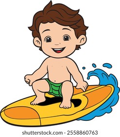 Vector illustration of a surfing boy, cute child with a surfboard