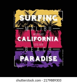 vector illustration  surfing  California, malibu beach. Vintage design. Grunge background. Sport typography, t shirt graphics, print, poster, banner, 