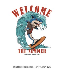 vector illustration of surfing cartoon shark mascot for t-shirt design, welcome the summer holiday vacation