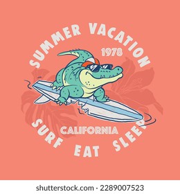 Vector illustration of surfing crocodile with tropical flowers and typography elements. 