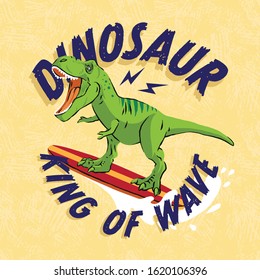 Vector illustration of a surfing dinosaur. Designed for t shirts.