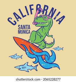 Vector illustration of surfing dinosaur with shark and typography . For boys t-shirt.