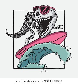 Vector illustration of surfing dinosaur skeleton. For boys t-shirt.