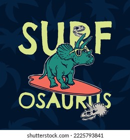 Ilustración vectorial de los dinosaurios surfistas con tipografía de vidrio solar. Para la camiseta de los chicos.