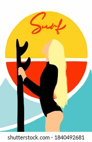 Vector illustration of surfing girl. The girl goes to sea with surfboard in her hand. Surfing girl on color background. Sports typography, t-shirt graphics, poster, print, banner, flyer, postcard.