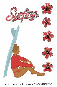 Vector illustration of surfing girl. The girl goes to sea with surfboard in her hand. Surfing girl with flowers. Sports typography, t-shirt graphics, poster, print, banner, flyer, postcard.