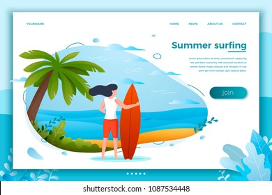 Vector illustration - surfing girl on a beach. Palm, sand, ocean on background. Banner, site, poster template with place for your text.