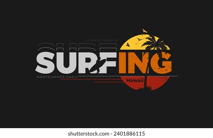 Vector illustration  surfing in hawaii. Vintage design. Typography, t-shirt graphics, print, poster,etc.