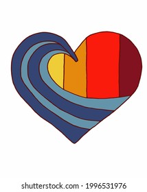 Vector illustration of surfing heart. Love with wave sea, ocean, water Icon. Simple Heart Illustration Line Style Logo Template Design.