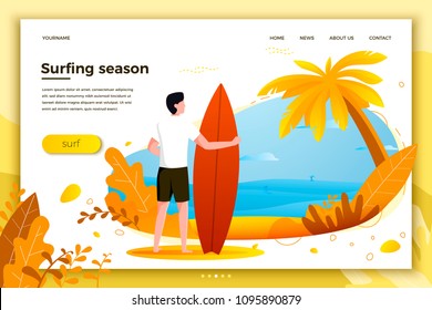 Vector illustration - surfing man on a beach. Palm, sand, ocean on background. Banner, site, poster template with place for your text.