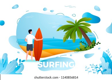 Vector illustration - surfing man on a beach. Palm, sand, ocean on background. Banner, site, poster template with place for your text.