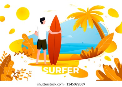 Vector illustration - surfing man on a beach. Palm, sand, ocean on background. Banner, site, poster template with place for your text.