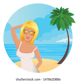 Vector illustration - surfing man on a beach. Women, palm, sand, ocean on background. 