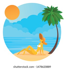 Vector illustration - surfing man on a beach. Palm, sand, ocean on background. Banner, site, poster template with place for your text.