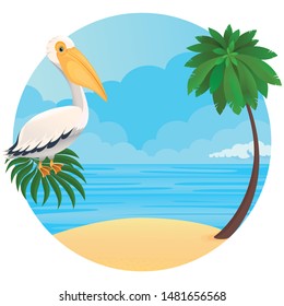 Vector illustration - surfing man on a beach. Palm, sand, ocean on background. Pelican, tropical bird.