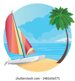 Vector illustration - surfing man on a beach. Palm, sand, ocean on background. Catamaran sailing, sail boat, tropical island.