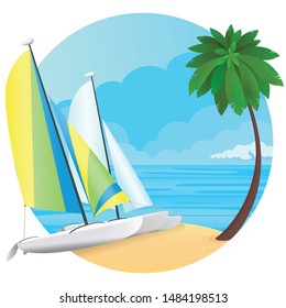 Vector illustration - surfing man on a beach. Palm, sand, ocean on background. Catamaran sailing, water sports or tropical vector.