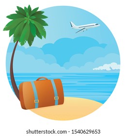 Vector illustration - surfing man on a beach. Palm, sand, ocean on background. Banner, site, poster template with place for your text.