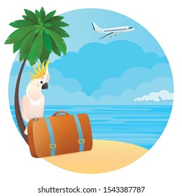 Vector illustration - surfing man on a beach. Palm, sand, ocean on background. Cockatoo on the suitcase. Traveling by plane.