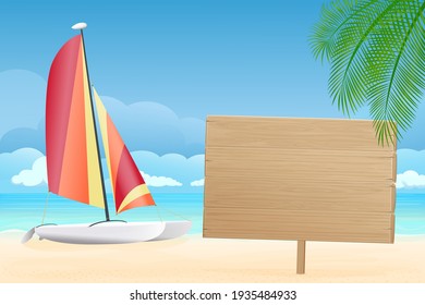 Vector illustration - surfing man on a beach. Palm, sand, ocean on background. Banner, site, poster template with place for your text.