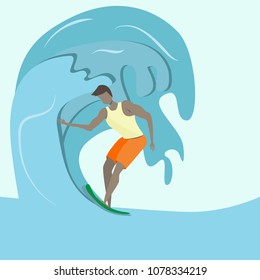 Vector illustration.Man surfing in the ocean.Concept of summer time activities.