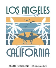 Vector illustration of surfing, palm trees, seagulls, surfboard and surfer. Los Angeles, California. Ideal for printing on t-shirts
