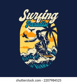 Vector illustration of Surfing Paradise, hand drawn line style with digital color  