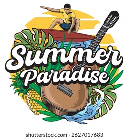 Vector Illustration of Surfing People and Guitar with Retro Vector Illustration Available for Tshirt Design