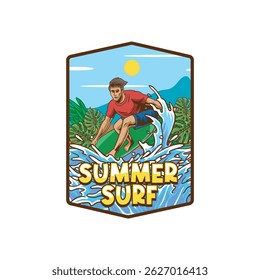Vector Illustration of Surfing People with Retro Vector Illustration Available for Tshirt Design