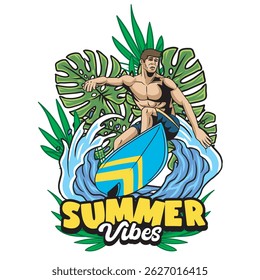 Vector Illustration of Surfing People with Retro Vector Illustration Available for Tshirt Design