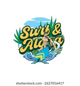 Vector Illustration of Surfing People with Retro Vector Illustration Available for Tshirt Design