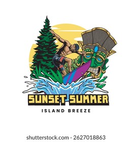 Vector Illustration of Surfing People and Tiki Mask with Retro Vector Illustration Available for Tshirt Design