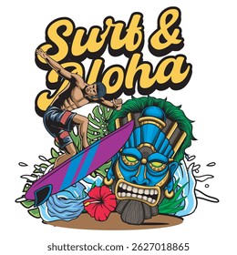 Vector Illustration of Surfing People and Tiki Mask with Retro Vector Illustration Available for Tshirt Design