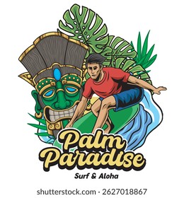 Vector Illustration of Surfing People and Tiki Mask with Retro Vector Illustration Available for Tshirt Design