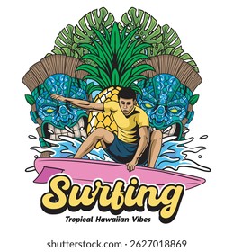 Vector Illustration of Surfing People and Tiki Mask with Retro Vector Illustration Available for Tshirt Design