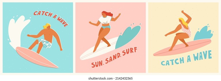 Vector illustration of surfing people. Young surfers riding waves on surfboards. Active summer vacation concept in trendy retro style. Banner or card design.