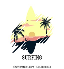 Vektorgrafik Surfen mit Landschaft Mann Surfen auf der Strandwelle flache Illustration